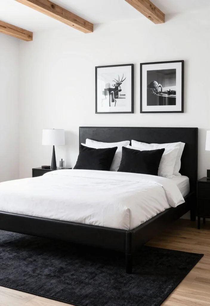 10 Black Bed Frame Bedroom Ideas with Strong Contrast 13 10 Black Bed Frame Bedroom Ideas with Strong Contrast 3. Bold Black and White 0