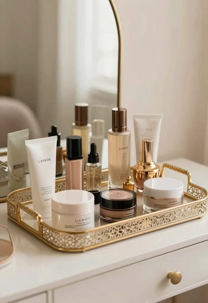 10 Small Bedroom Vanity Ideas That Save Space 10. Elegant Tray Displays 0