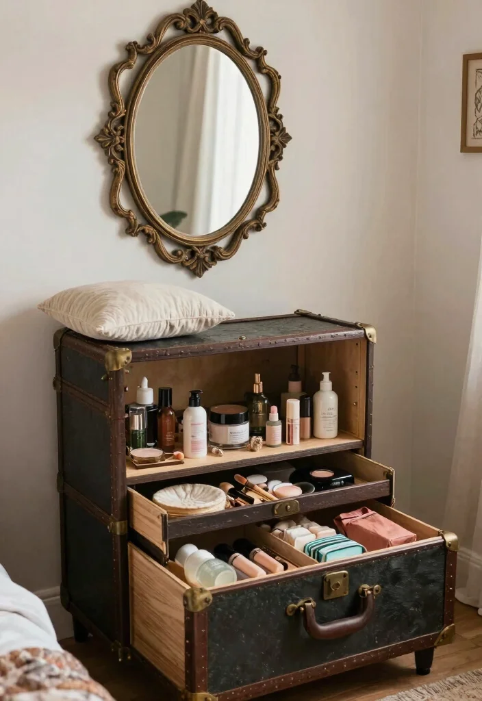 10 Small Bedroom Vanity Ideas That Save Space 5. Vintage Trunks as Vanities 0