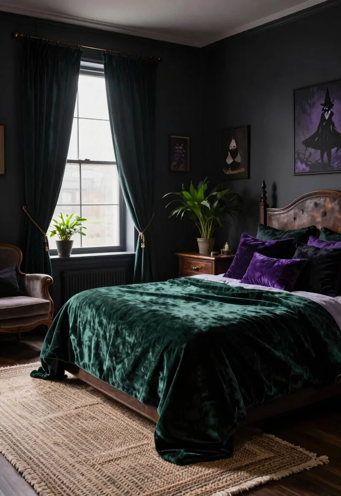 10 Witchy Bedroom Ideas with Dark Moody Vibes 1 10 Witchy Bedroom Ideas with Dark Moody Vibes 1. Velvet Touch 0