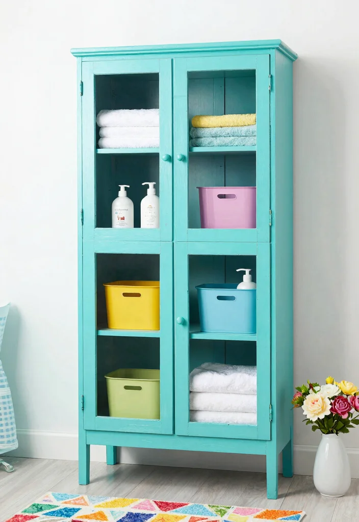 12 Bathroom Cupboard Ideas That Hide Clutter Beautifully 3. Colorful Upcycled Cupboards 0