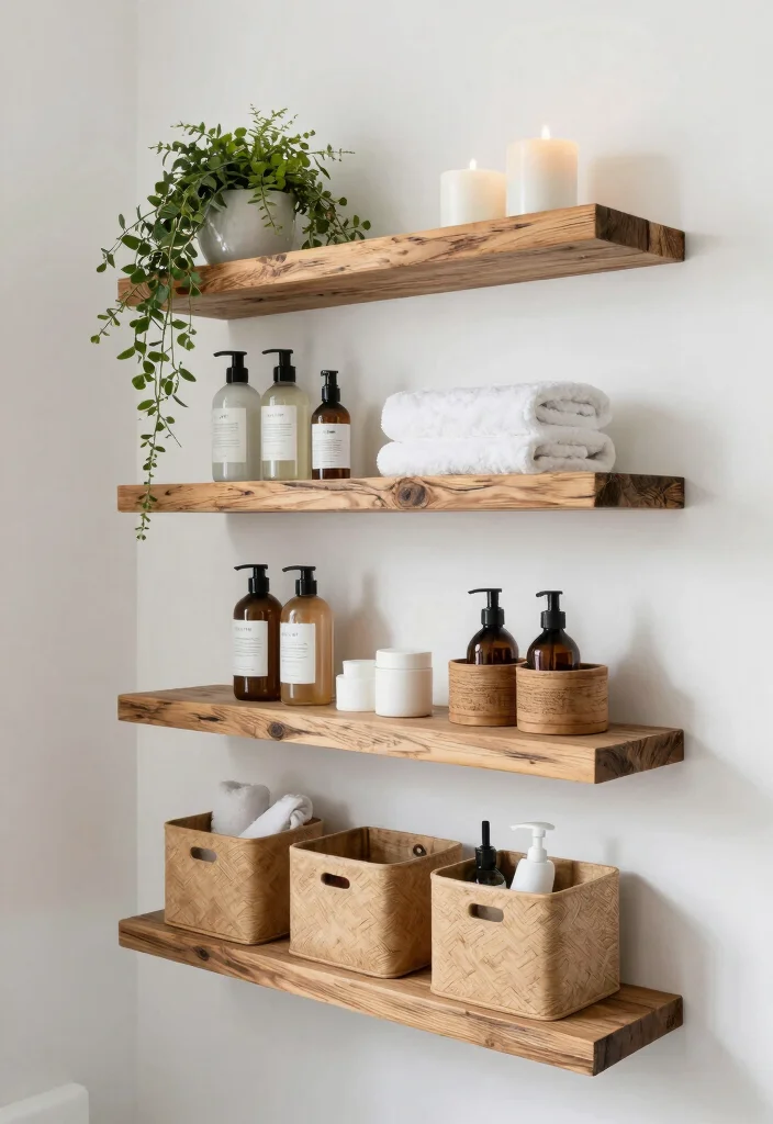 12 Bathroom Cupboard Ideas That Hide Clutter Beautifully 4. Floating Shelves with Storage Bins 0