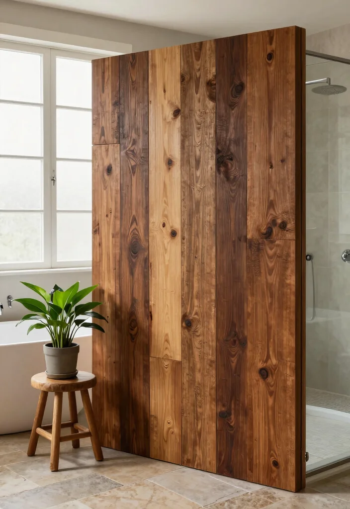 12 Bathroom Partition Ideas That Improve Layout and Privacy 1. Reclaimed Wood Panels 0