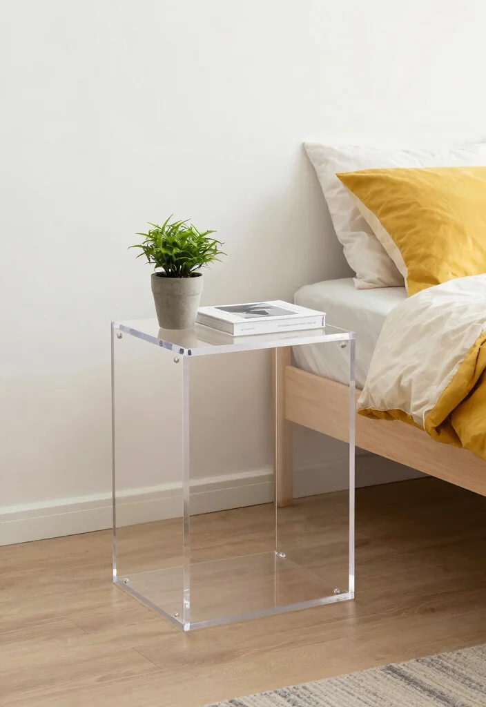 12 Bedroom Side Table Ideas That Look Stylish and Useful 11. Minimalist Acrylic 0