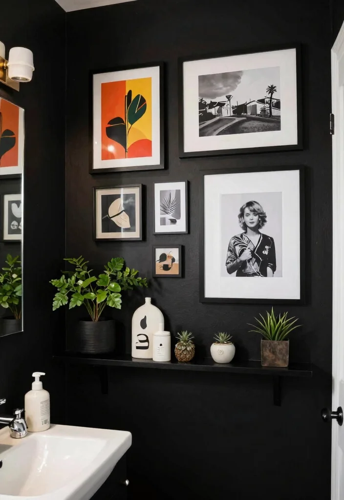 12 Black Bathroom Ideas That Feel Bold and Sophisticated 6. Artistic Wall Dcor 0