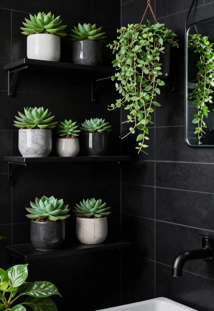 12 Black Bathroom Ideas That Feel Bold and Sophisticated 9. Plants for a Touch of Nature 0
