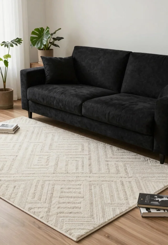 12 Black Couch Living Room Decor Ideas with Contrast 12 12 Black Couch Living Room Decor Ideas with Contrast 2. Play with Contrasting Rugs 0