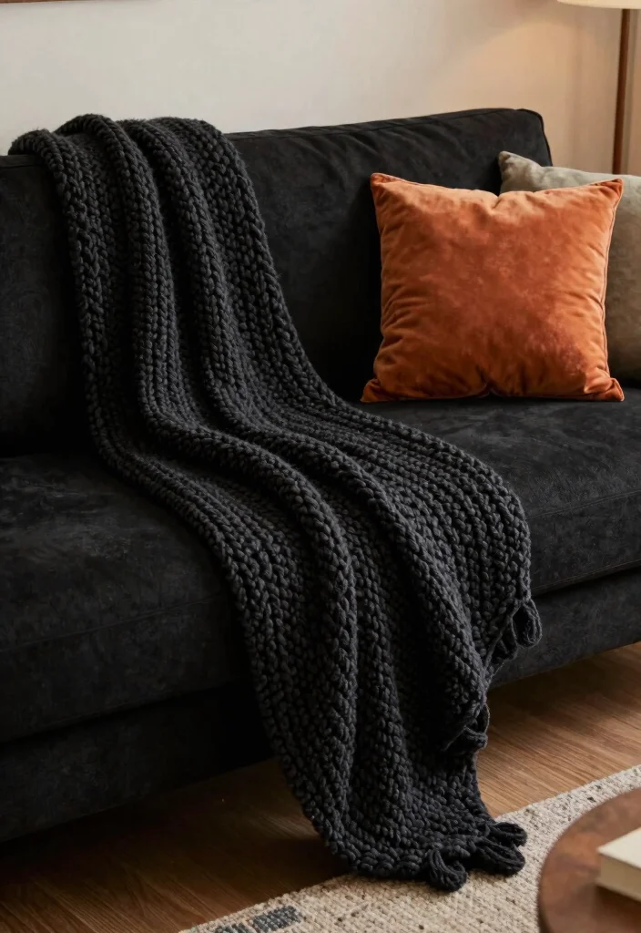 12 Black Couch Living Room Decor Ideas with Contrast 25 12 Black Couch Living Room Decor Ideas with Contrast 5. Textured Throws 0
