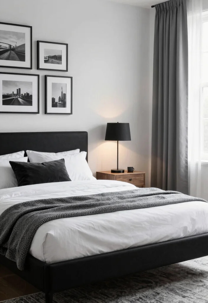 12 Black White and Grey Bedroom Ideas That Feel Balanced 1. Elegant Monochrome Retreat 0