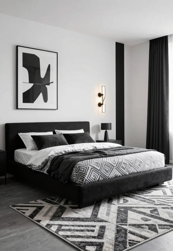 12 Black White and Grey Bedroom Ideas That Feel Balanced 12. Clean Lines and Geometric Shapes 0