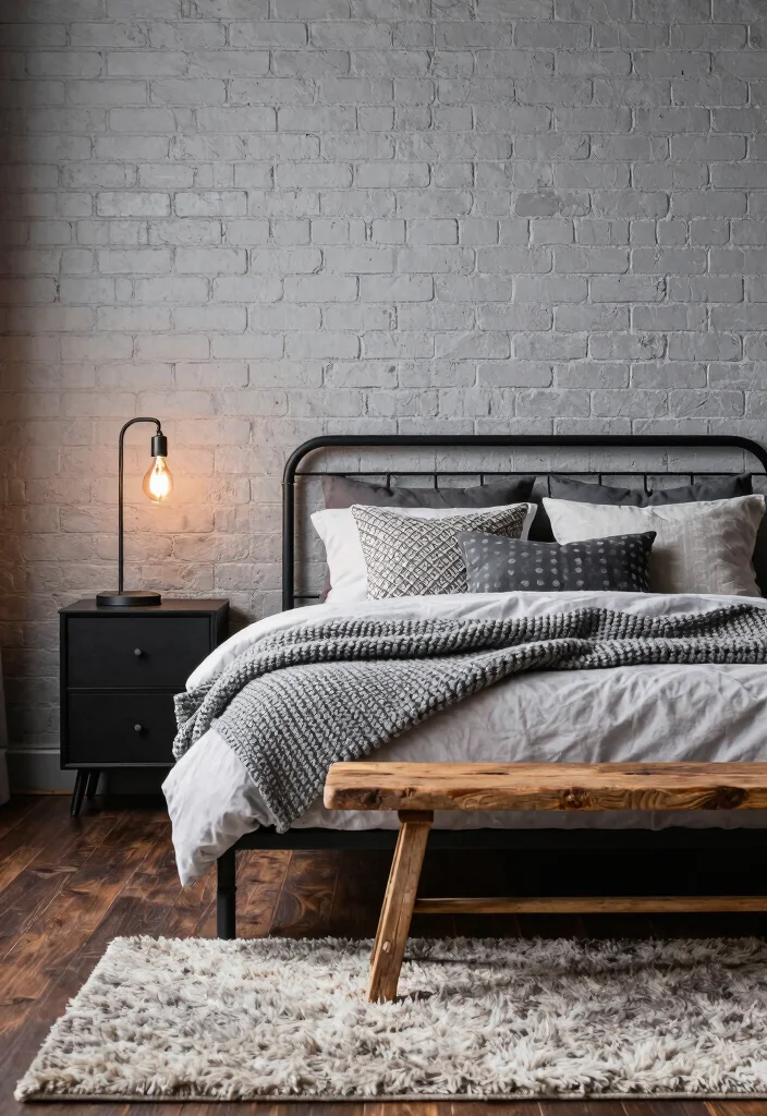 12 Black White and Grey Bedroom Ideas That Feel Balanced 3. Cozy Industrial Charm 0