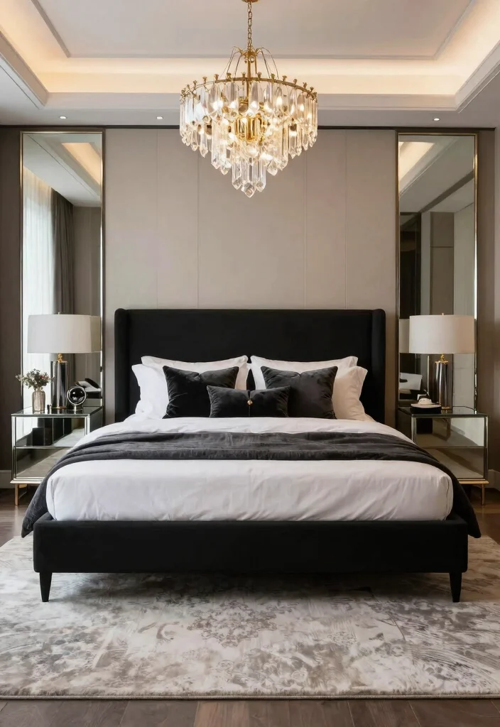 12 Black White and Grey Bedroom Ideas That Feel Balanced 4. Modern Luxe Vibes 0