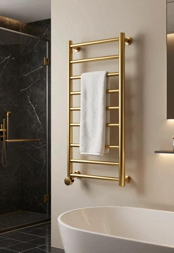 12 Black and Gold Bathroom Decor Ideas That Look Expensive 2 12 Black and Gold Bathroom Decor Ideas That Look Expensive 2. Luxurious Gold Towel Warmers 0
