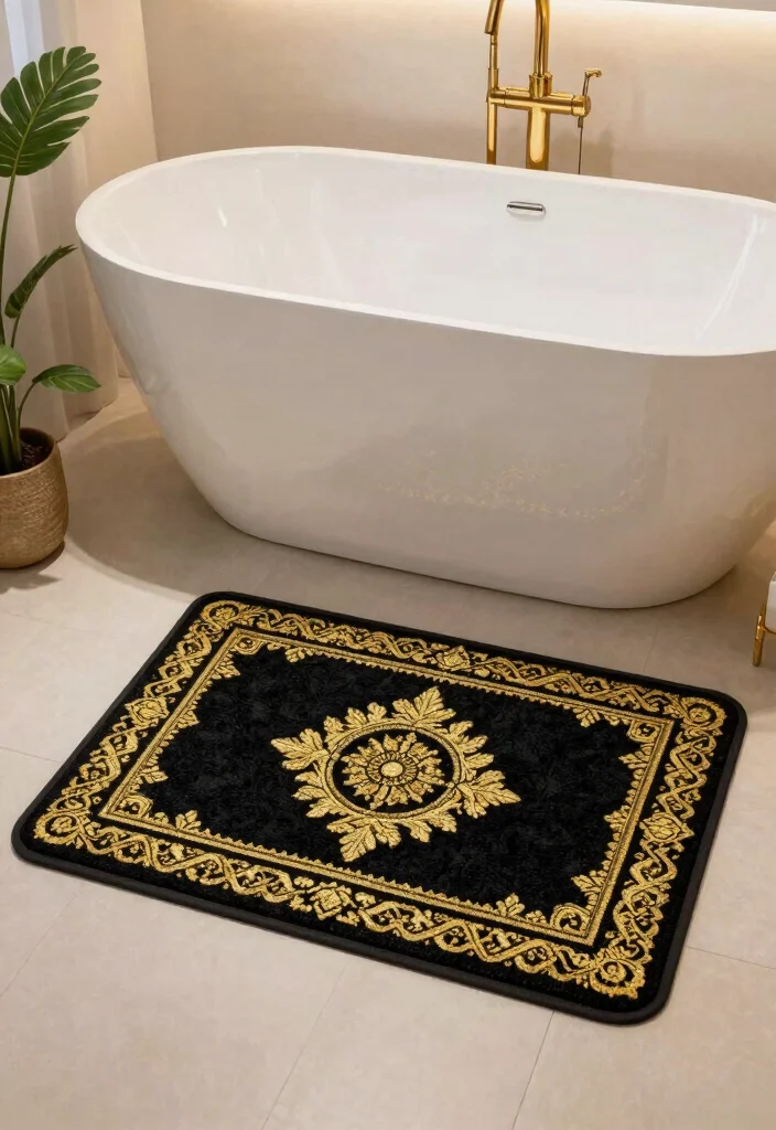 12 Black and Gold Bathroom Decor Ideas That Look Expensive 25 12 Black and Gold Bathroom Decor Ideas That Look Expensive 5. Opulent Bath Mats 0