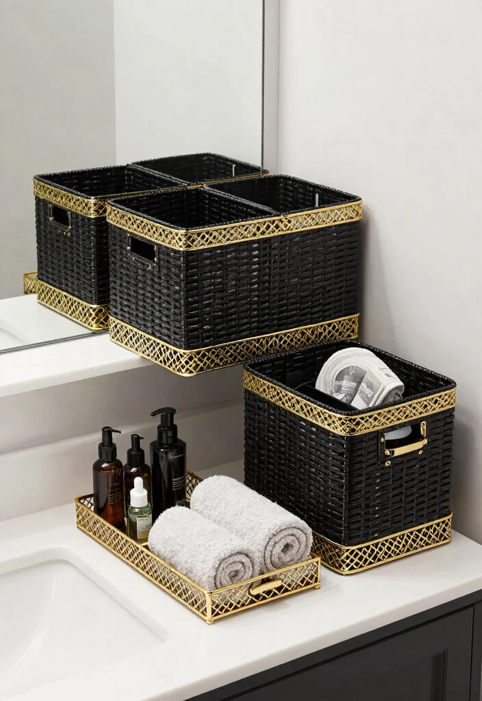 12 Black and Gold Bathroom Decor Ideas That Look Expensive 26 12 Black and Gold Bathroom Decor Ideas That Look Expensive 6. Chic Storage Solutions 0