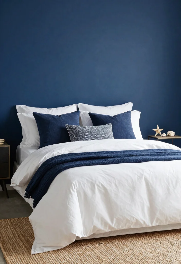 12 Blue Bedroom Ideas for a Relaxing Mood 2. Coastal Vibe with Navy Accents 0