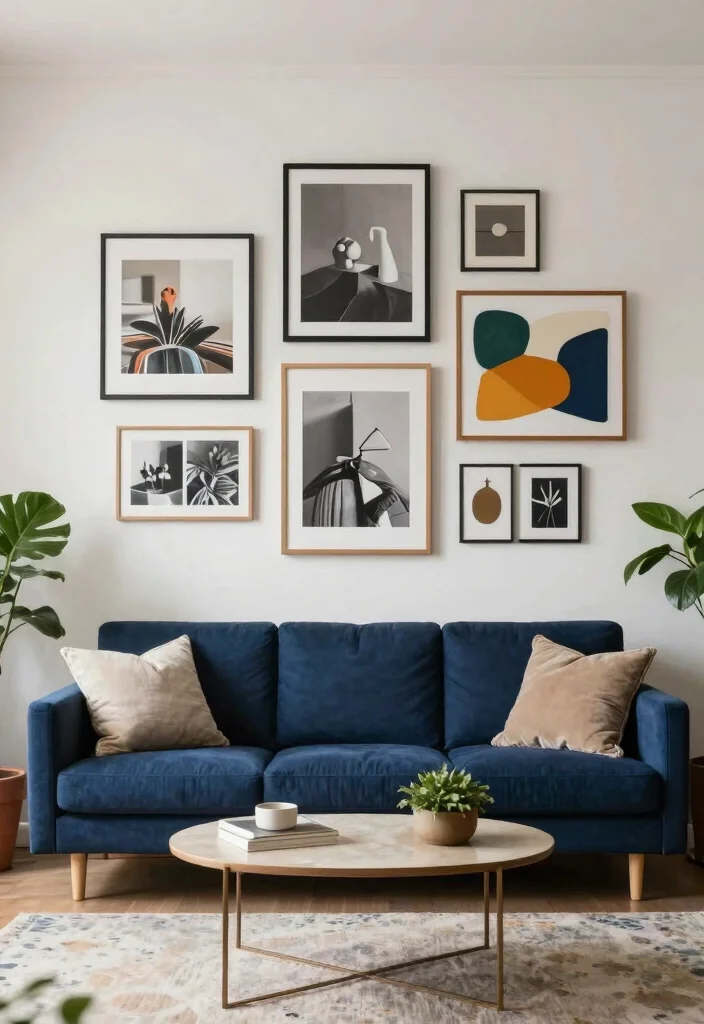 12 Dark Blue Sofa Living Room Ideas That Stand Out 39 12 Dark Blue Sofa Living Room Ideas That Stand Out 9. Curated Gallery Wall 0