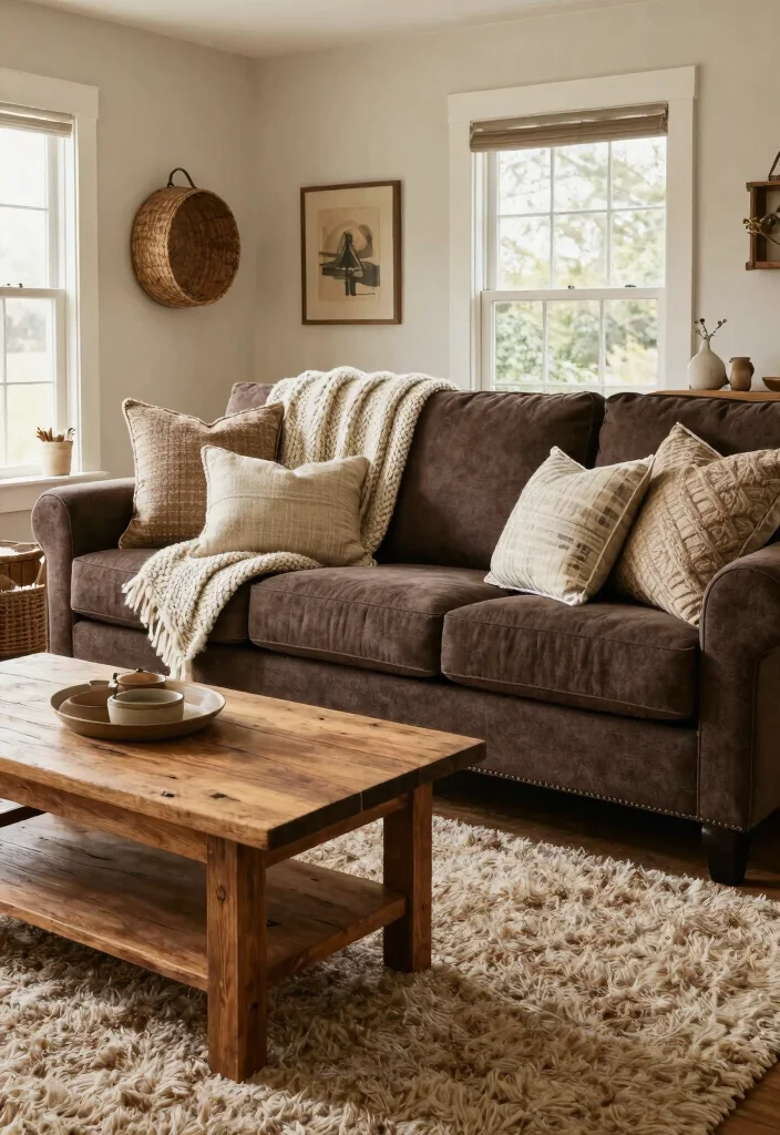 12 Dark Brown Sofa Living Room Ideas That Feel Grounded 1 12 Dark Brown Sofa Living Room Ideas That Feel Grounded 1. Farmhouse Chic with Layered Textures 0