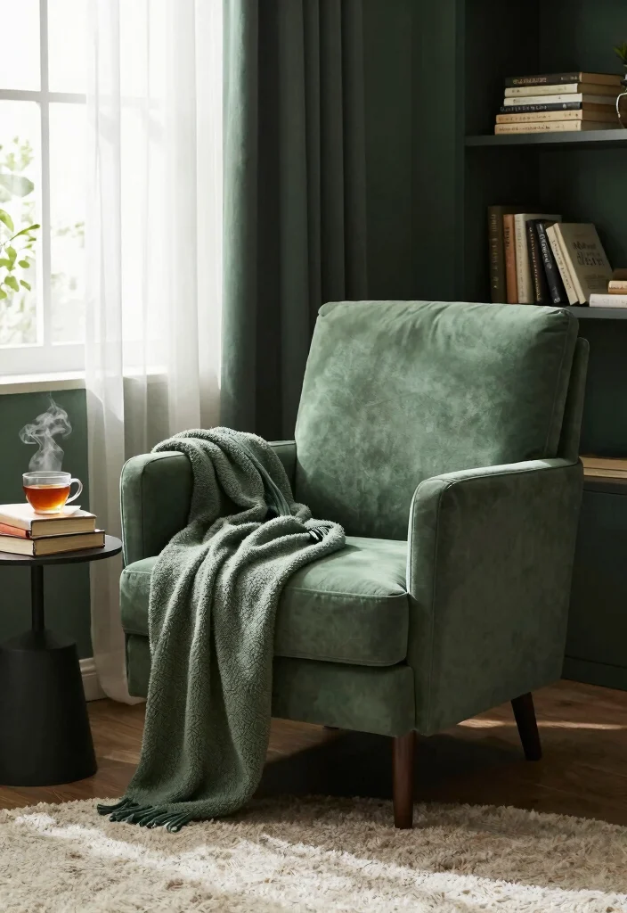 12 Dark Green Living Room Ideas with Rich Style 62 12 Dark Green Living Room Ideas with Rich Style 12. Create a Cozy Reading Nook 0