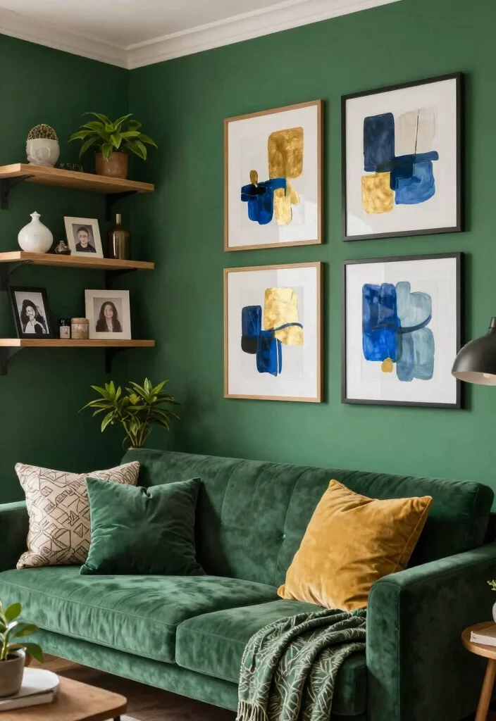 12 Dark Green Living Room Ideas with Rich Style 49 12 Dark Green Living Room Ideas with Rich Style 9. Incorporate Art and Personal Decor 0