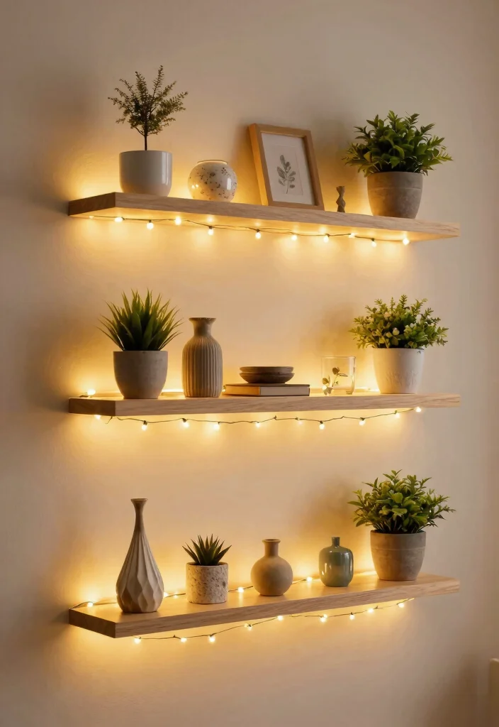 12 Fairy Lights Bedroom Ideas for Cozy Ambience 5. Floating Shelves 0