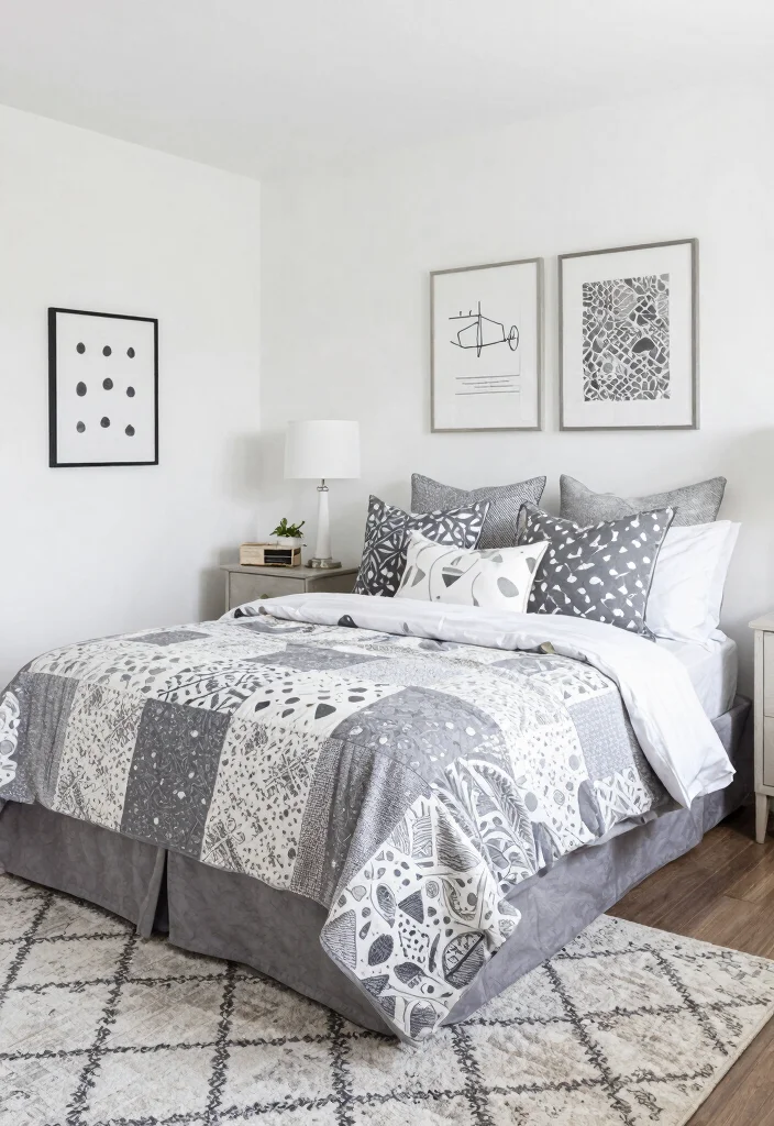 12 Gray and White Bedroom Ideas That Feel Peaceful 26 12 Gray and White Bedroom Ideas That Feel Peaceful 6. Playful Patterns 0
