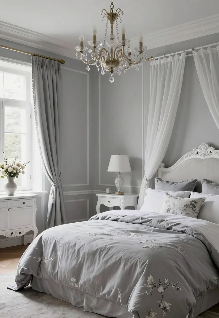 12 Gray and White Bedroom Ideas That Feel Peaceful 37 12 Gray and White Bedroom Ideas That Feel Peaceful 7. Elegant French Country 0