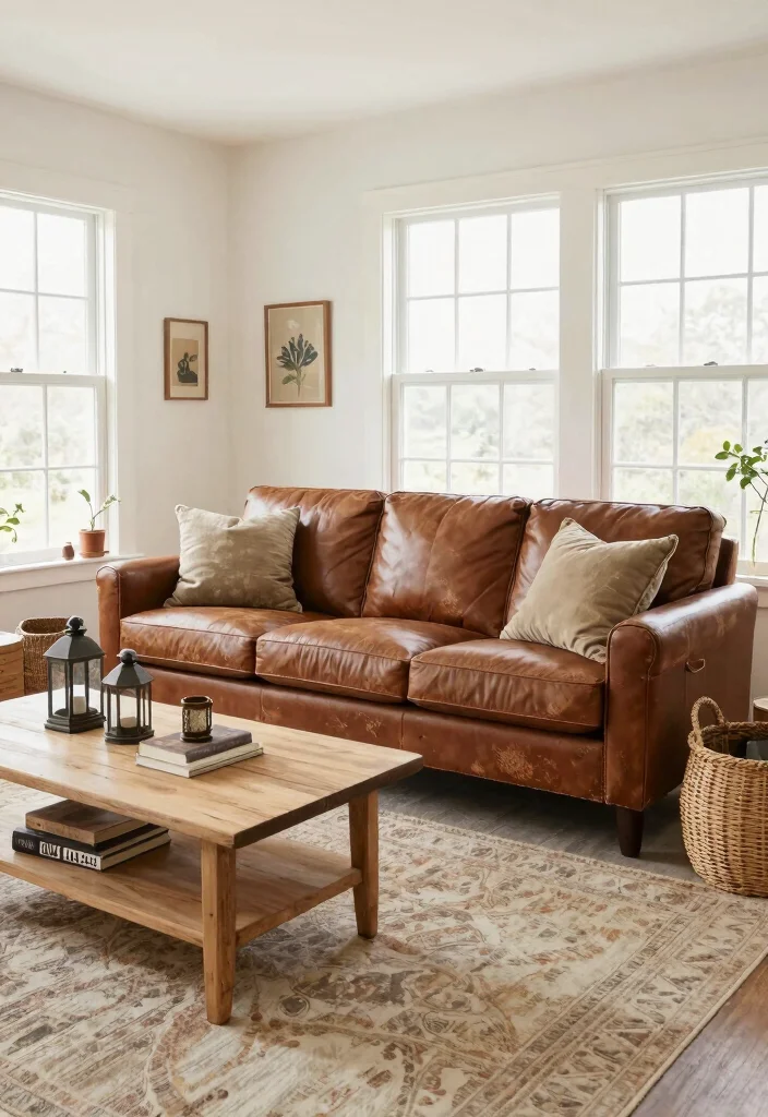 12 Leather Sofa Living Room Ideas with Timeless Style 26 12 Leather Sofa Living Room Ideas with Timeless Style 6. Modern Farmhouse Fusion 0