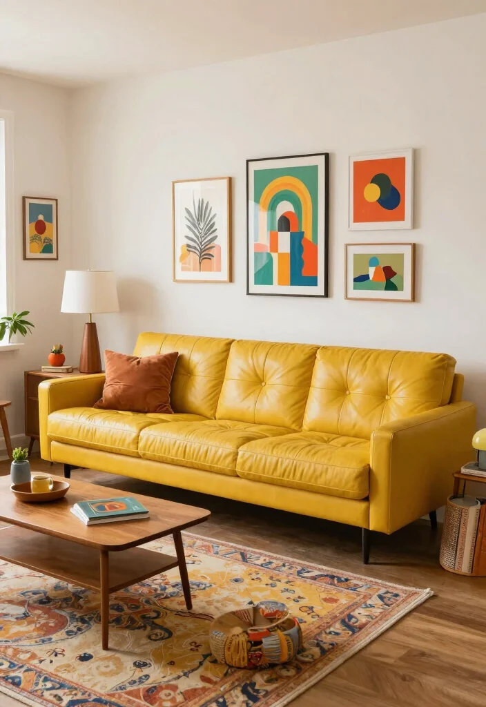 12 Leather Sofa Living Room Ideas with Timeless Style 38 12 Leather Sofa Living Room Ideas with Timeless Style 8. Retro Revival with Bold Colors 0