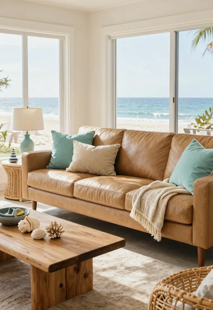 12 Leather Sofa Living Room Ideas with Timeless Style 39 12 Leather Sofa Living Room Ideas with Timeless Style 9. Coastal Calm with Light Leather 0