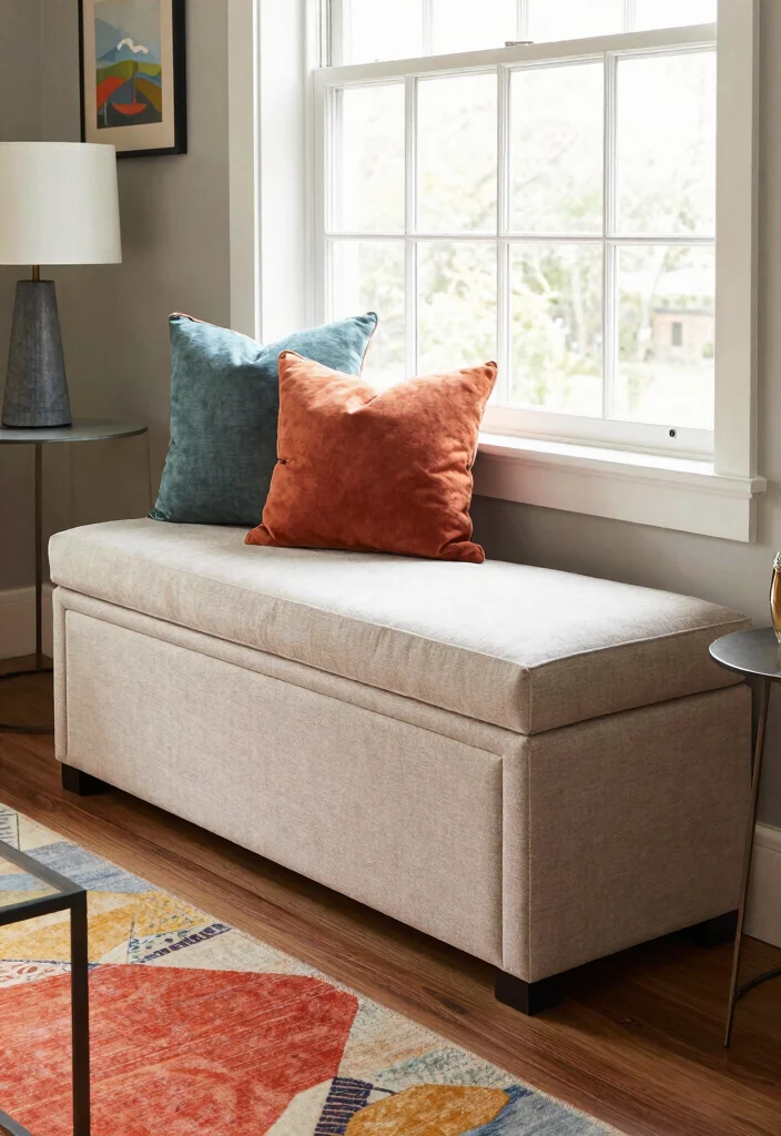 12 Living Room Cabinet Ideas for Storage and Style 49 12 Living Room Cabinet Ideas for Storage and Style 9. Stylish Storage Bench 0