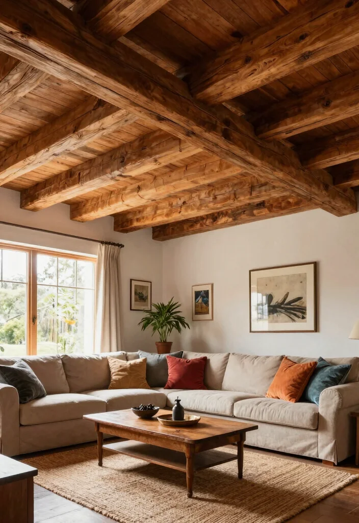12 Living Room Ceiling Ideas That Elevate the Space 1 12 Living Room Ceiling Ideas That Elevate the Space 1. Exposed Wooden Beams 0