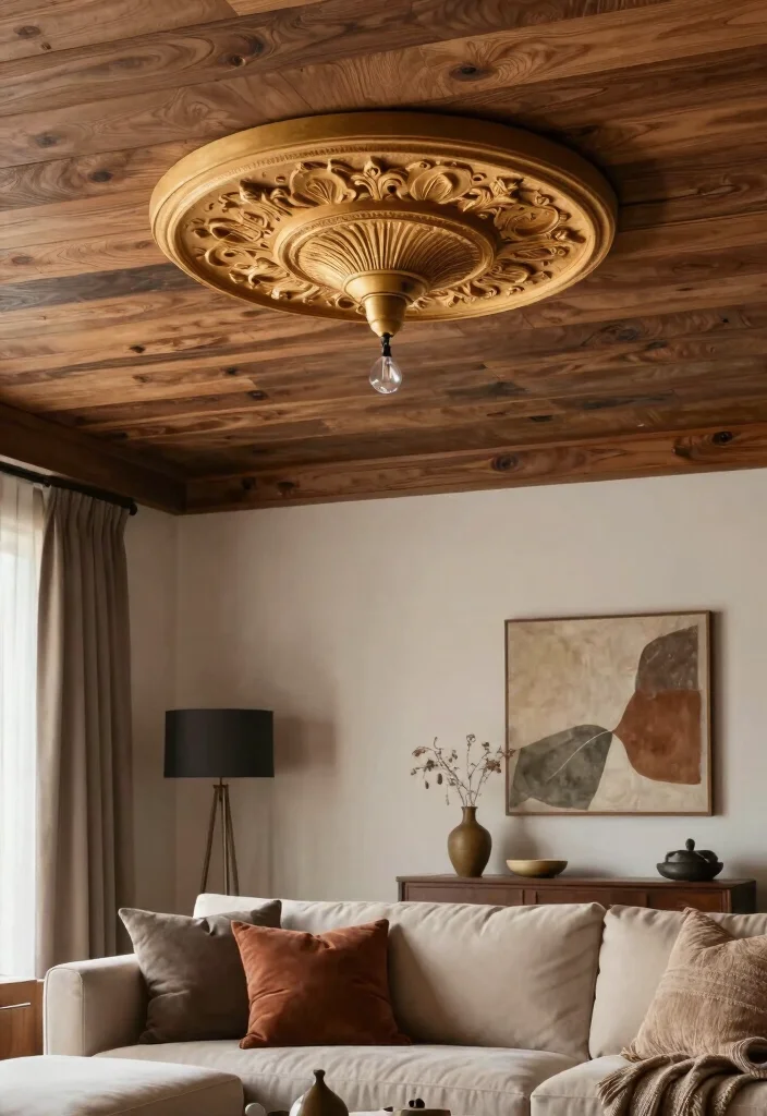 12 Living Room Ceiling Ideas That Elevate the Space 52 12 Living Room Ceiling Ideas That Elevate the Space 12. Decorative Wooden Ceiling Medallions 0