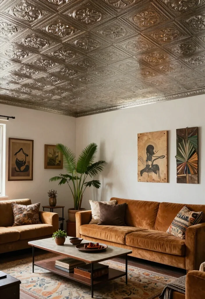 12 Living Room Ceiling Ideas That Elevate the Space 27 12 Living Room Ceiling Ideas That Elevate the Space 7. Rustic Chic Tin Ceilings 0