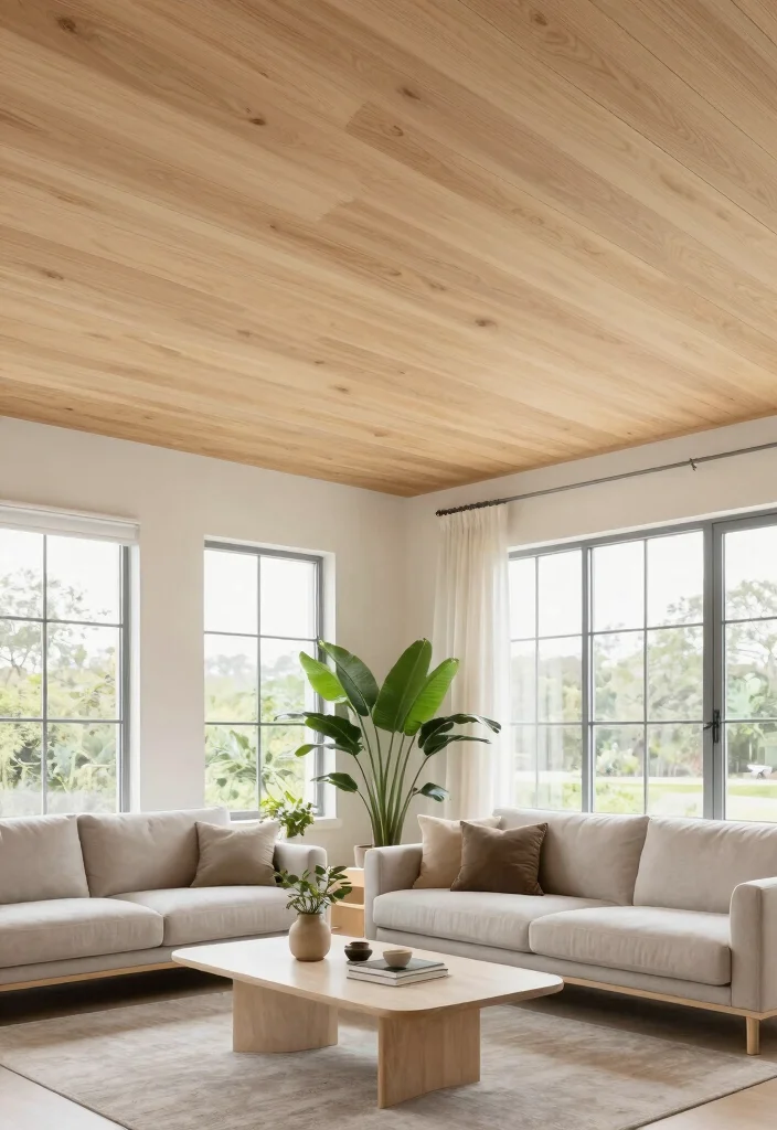12 Living Room Ceiling Ideas That Elevate the Space 28 12 Living Room Ceiling Ideas That Elevate the Space 8. Softly Stained Natural Wood 0