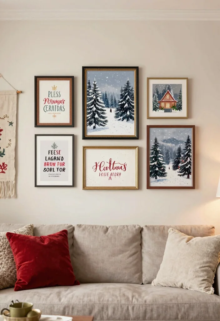 12 Living Room Christmas Decor Ideas That Feel Cozy 12. Seasonal Artwork and Prints 0