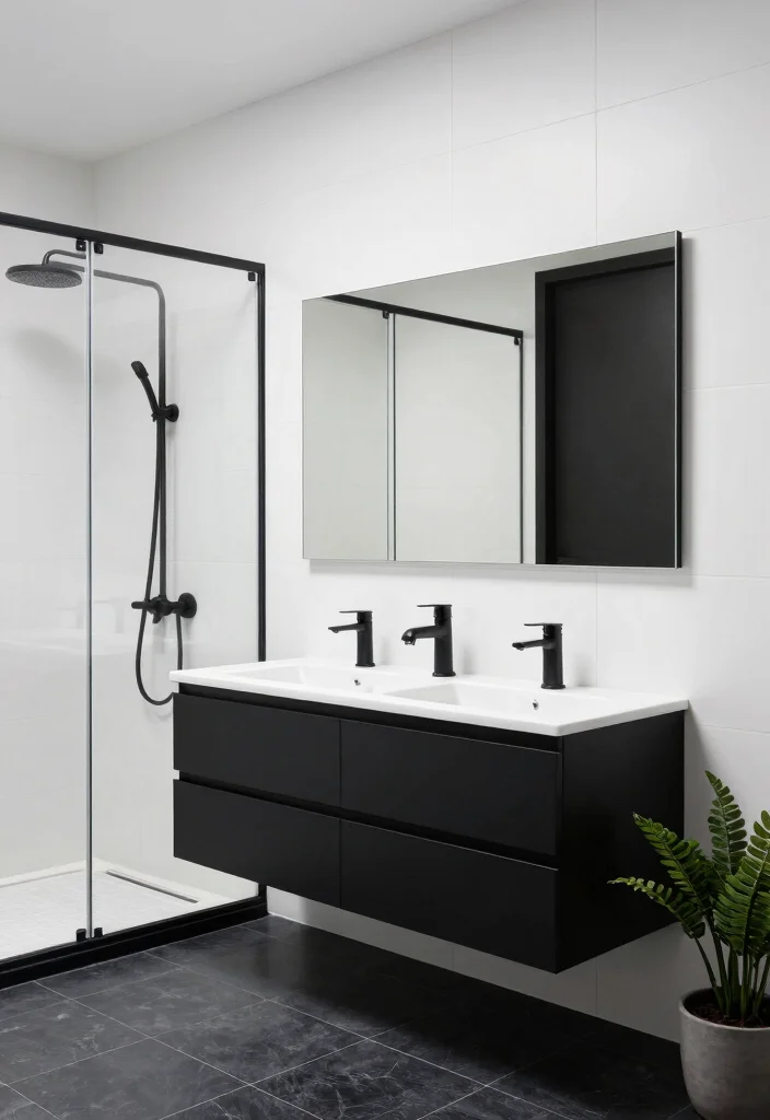 12 Masculine Bathroom Ideas with Bold and Clean Style 1. Sleek Black and White Elegance 0