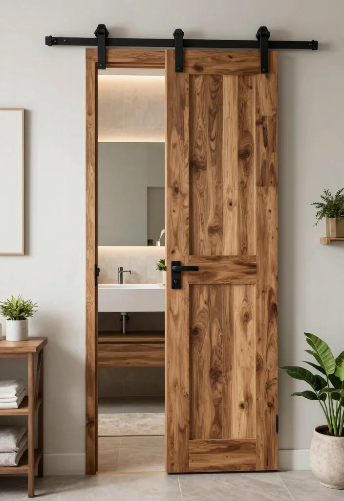 12 Modern Bathroom Door Ideas That Instantly Elevate Style 1. Chic Sliding Barn Doors 0