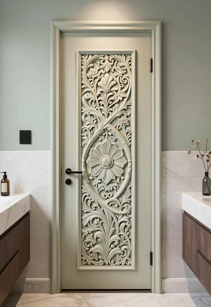 12 Modern Bathroom Door Ideas That Instantly Elevate Style 11. Artistic Carved Doors 0