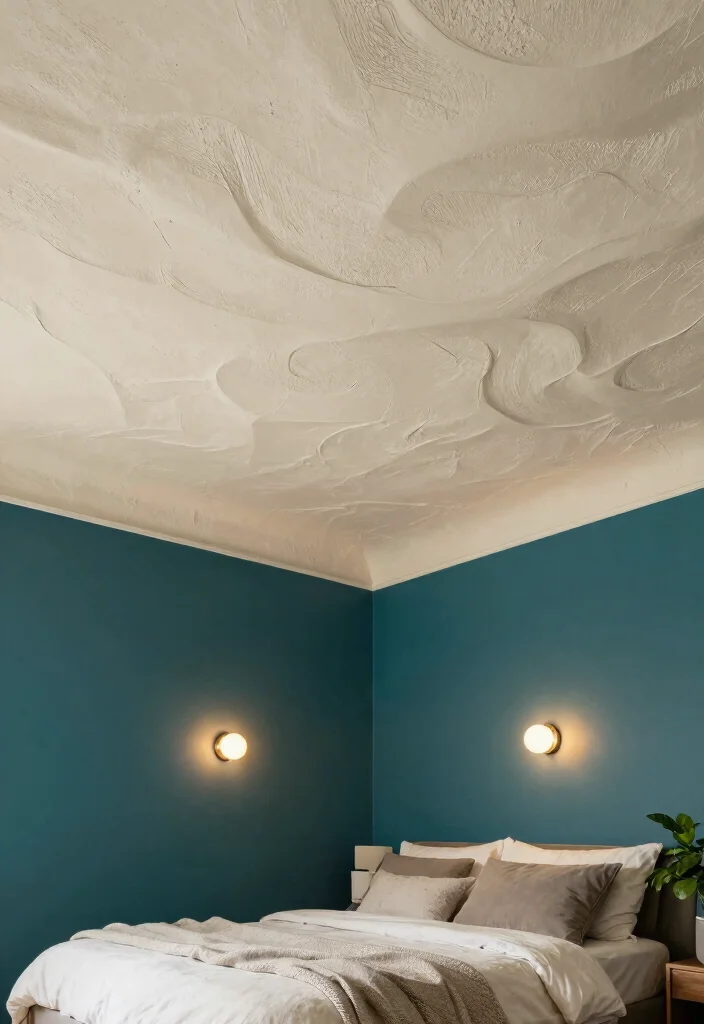12 Modern Bedroom Ceiling Design Ideas That Wow 2. Textured Plaster Ceilings Chic and Unique 0