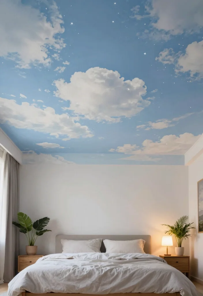 12 Modern Bedroom Ceiling Design Ideas That Wow 7. Install a Sky Mural Dreamy Dimensions 0