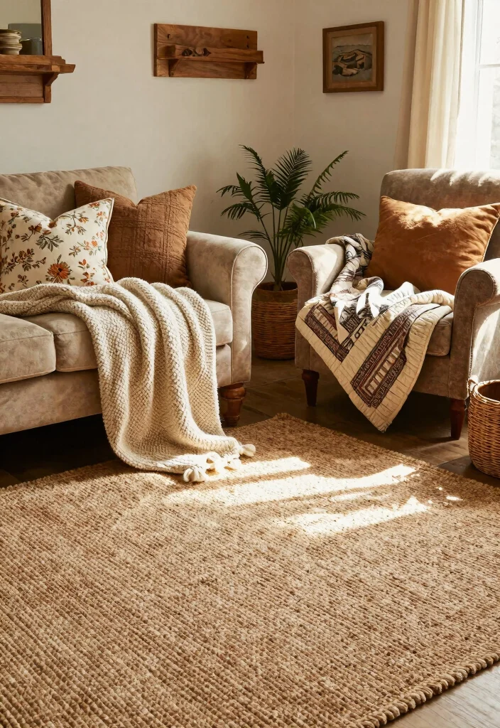 12 Primitive Living Room Ideas with Rustic Charm 1. Layered Textures for Depth 0