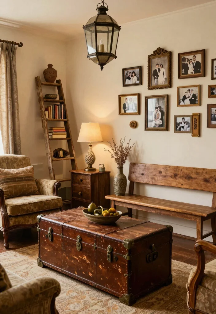 12 Primitive Living Room Ideas with Rustic Charm 2. Vintage Finds as Decor 0