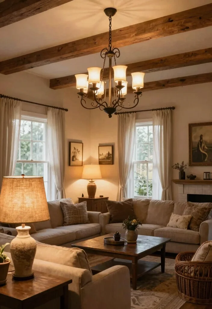 12 Primitive Living Room Ideas with Rustic Charm 3. Farmhouse Lighting Fixtures 0