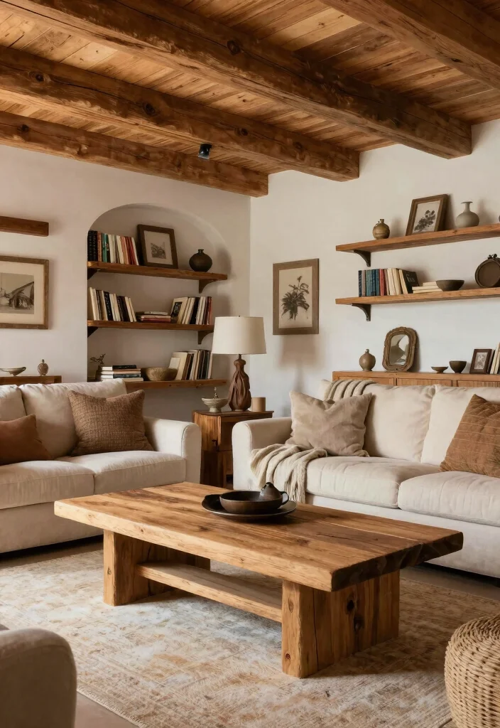 12 Primitive Living Room Ideas with Rustic Charm 6. Natural Wood Elements 0