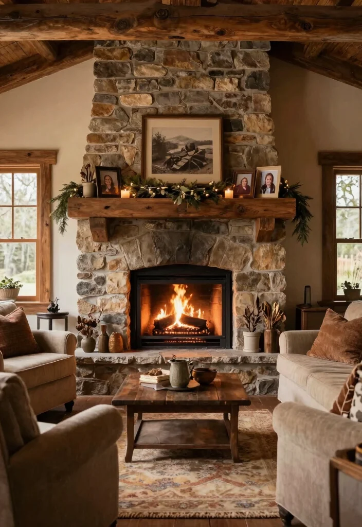 12 Primitive Living Room Ideas with Rustic Charm 7. Cozy Fireplace Focal Point 0
