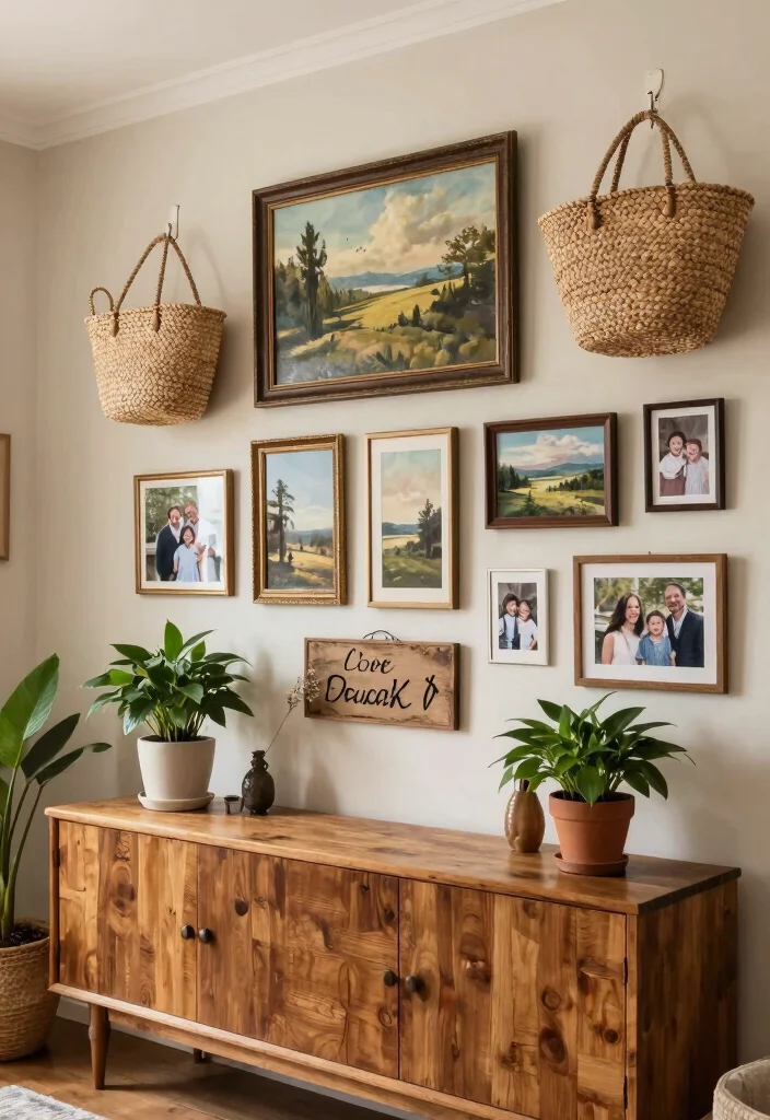 12 Primitive Living Room Ideas with Rustic Charm 8. Artistic Wall Decor 0