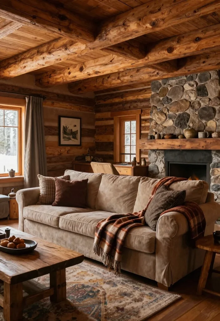 12 Primitive Living Room Ideas with Rustic Charm 9. Cozy Cabin Aesthetics 0