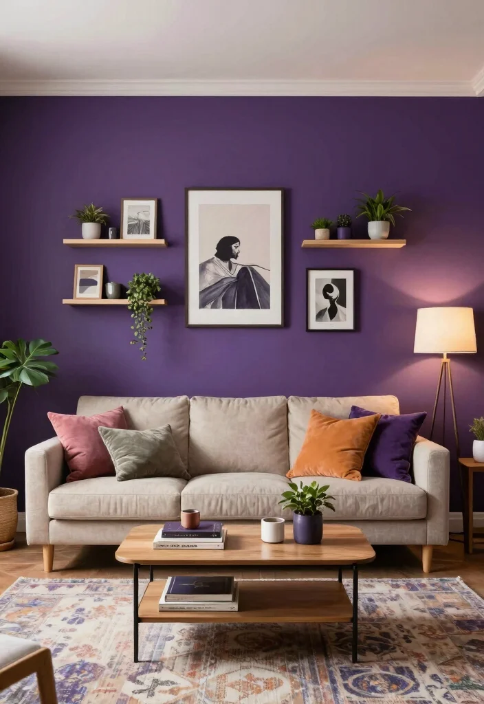 12 Purple Living Room Ideas with Bold Personality 1 12 Purple Living Room Ideas with Bold Personality 1. Bold Purple Accent Wall 0