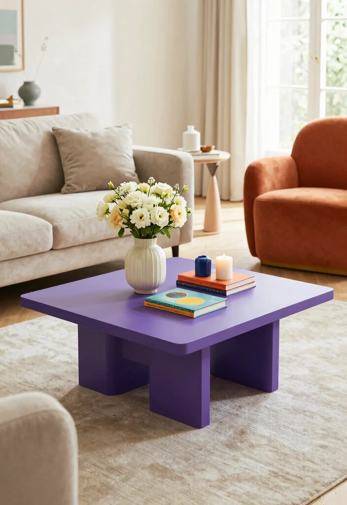 12 Purple Living Room Ideas with Bold Personality 61 12 Purple Living Room Ideas with Bold Personality 11. Statement Coffee Tables 0